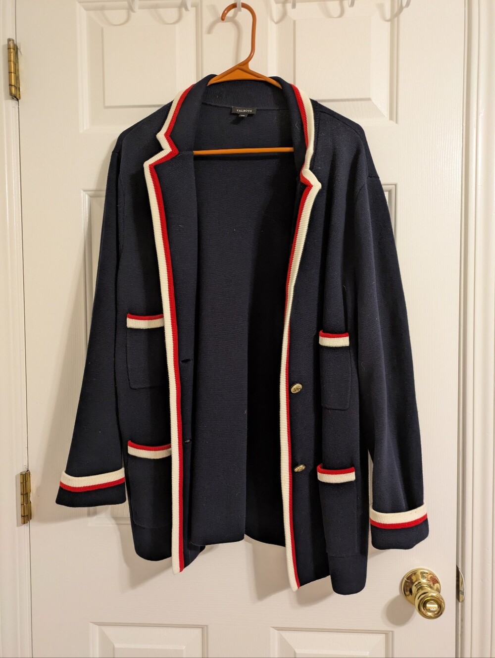 Talbots Navy Knit Blazer with Red and White Trim
